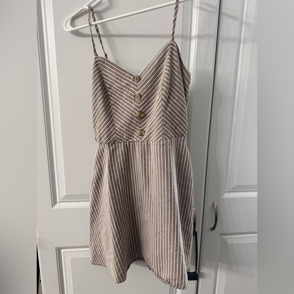 Striped Spaghetti Strap Mini Dress in Beige